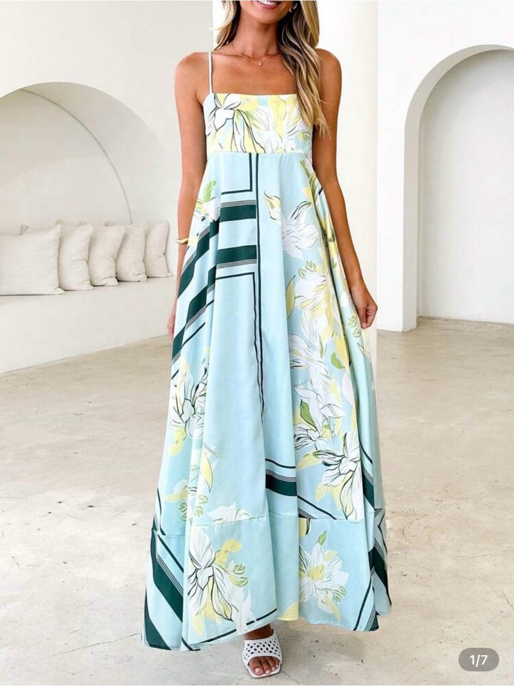 Light Blue Floral Spaghetti Strap Maxi Dress